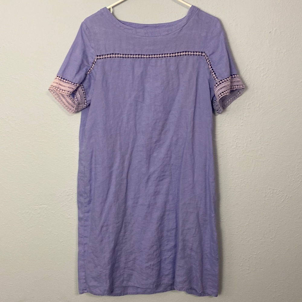 Island Shop Womens Size 8 100% Linen Resort Shift Dress Lavender Crochet Trim